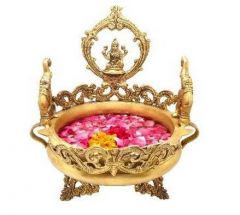 Flower pot with Goddess Lakshmi Idol gold Brass Hand Carved