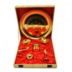 Gold Plated Steel Pooja Thali 9 Inch Diameter With Brass Bell