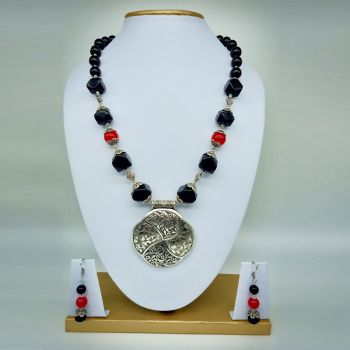 Tibetan Stone Black Red Beads With Oxidized German Silver Pendent